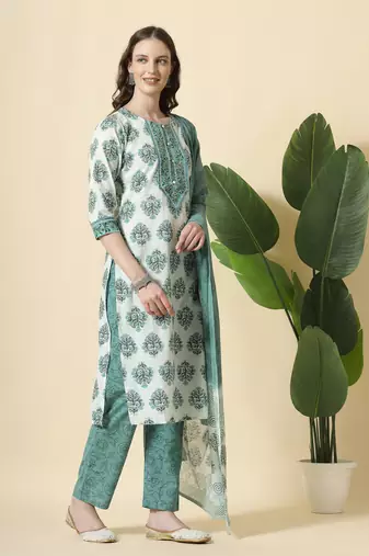  sea green and white cotton cutdana work kurta set with pant & dupatta