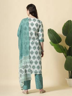  sea green and white cotton cutdana work kurta set with pant & dupatta 3