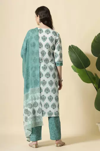  sea green and white cotton cutdana work kurta set with pant & dupatta