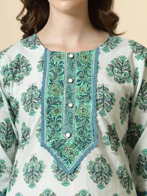  sea green and white cotton cutdana work kurta set with pant & dupatta 4