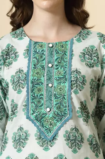  sea green and white cotton cutdana work kurta set with pant & dupatta