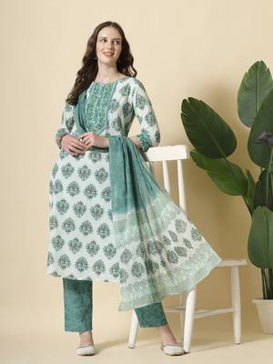  sea green and white cotton cutdana work kurta set with pant & dupatta 5