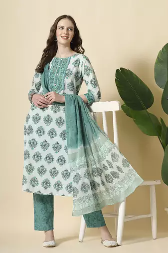  sea green and white cotton cutdana work kurta set with pant & dupatta