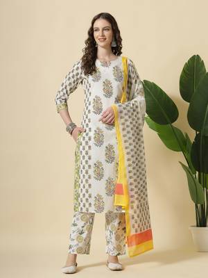  white and yellow floral print cotton sequins work kurta set with pant & dupatta 1