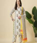  white and yellow floral print cotton sequins work kurta set with pant & dupatta