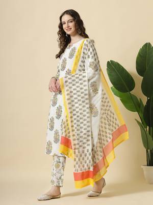  white and yellow floral print cotton sequins work kurta set with pant & dupatta 2