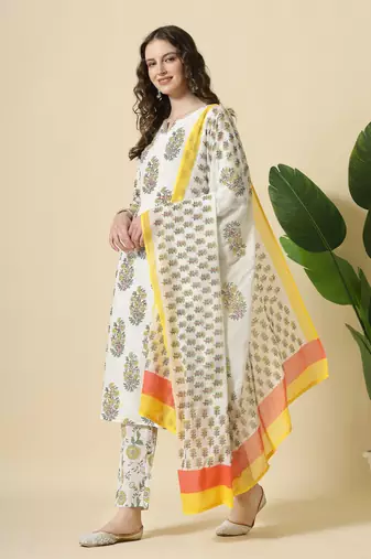 white and yellow floral print cotton sequins work kurta set with pant & dupatta