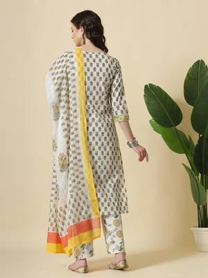  white and yellow floral print cotton sequins work kurta set with pant & dupatta 3