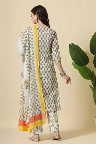  white and yellow floral print cotton sequins work kurta set with pant & dupatta