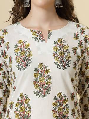 white and yellow floral print cotton sequins work kurta set with pant & dupatta 4