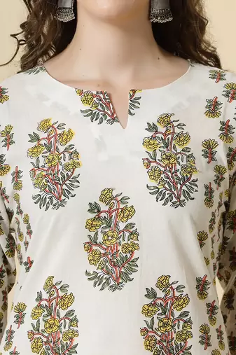  white and yellow floral print cotton sequins work kurta set with pant & dupatta