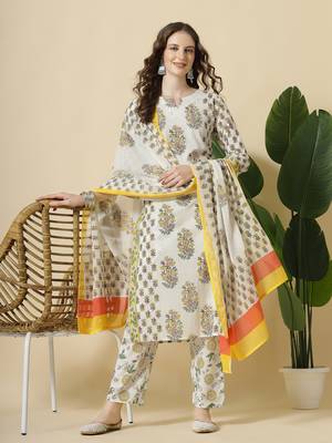 white and yellow floral print cotton sequins work kurta set with pant & dupatta 5
