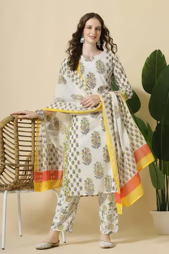 white and yellow floral print cotton sequins work kurta set with pant & dupatta