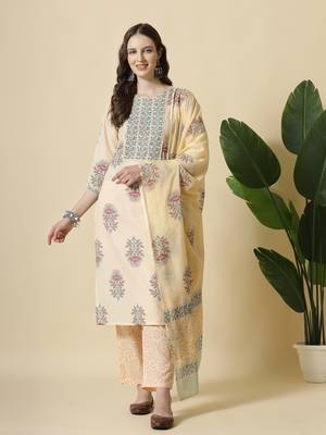  yelloe floral print cotton sequins work kurta set with pant & dupatta 1