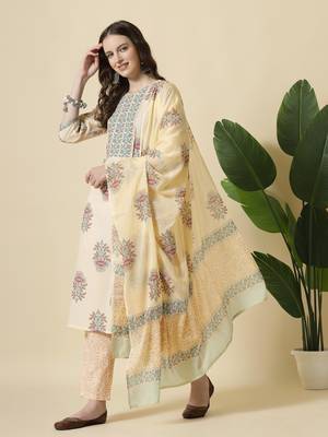  yelloe floral print cotton sequins work kurta set with pant & dupatta 2
