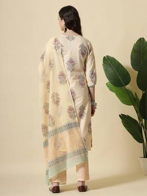  yelloe floral print cotton sequins work kurta set with pant & dupatta 3