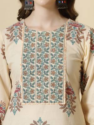  yelloe floral print cotton sequins work kurta set with pant & dupatta 4