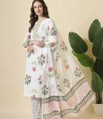  white floral print cotton show button on yoke kurta set with pant & dupatta