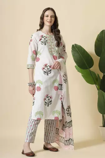  white floral print cotton show button on yoke kurta set with pant & dupatta