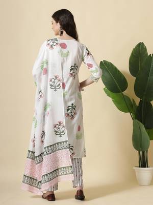  white floral print cotton show button on yoke kurta set with pant & dupatta 3