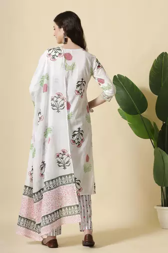  white floral print cotton show button on yoke kurta set with pant & dupatta