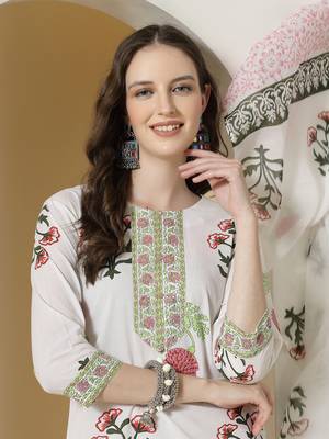  white floral print cotton show button on yoke kurta set with pant & dupatta 4
