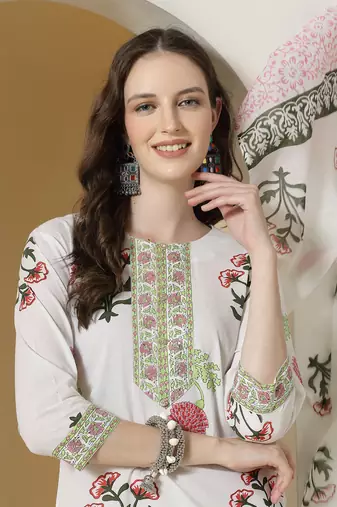  white floral print cotton show button on yoke kurta set with pant & dupatta