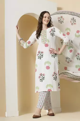  white floral print cotton show button on yoke kurta set with pant & dupatta