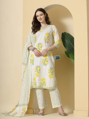  white and yellow cotton sequins work kurta set with pant & dupatta 1