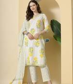  white and yellow cotton sequins work kurta set with pant & dupatta