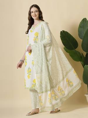  white and yellow cotton sequins work kurta set with pant & dupatta 2
