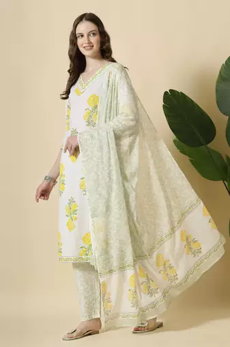  white and yellow cotton sequins work kurta set with pant & dupatta