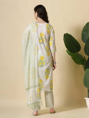  white and yellow cotton sequins work kurta set with pant & dupatta 3