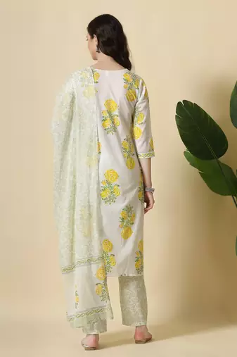  white and yellow cotton sequins work kurta set with pant & dupatta