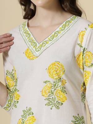  white and yellow cotton sequins work kurta set with pant & dupatta 4