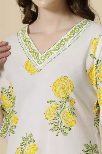  white and yellow cotton sequins work kurta set with pant & dupatta