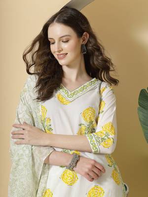  white and yellow cotton sequins work kurta set with pant & dupatta 5