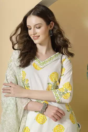  white and yellow cotton sequins work kurta set with pant & dupatta