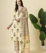  cream cotton cutdana work kurta set with pant & dupatta