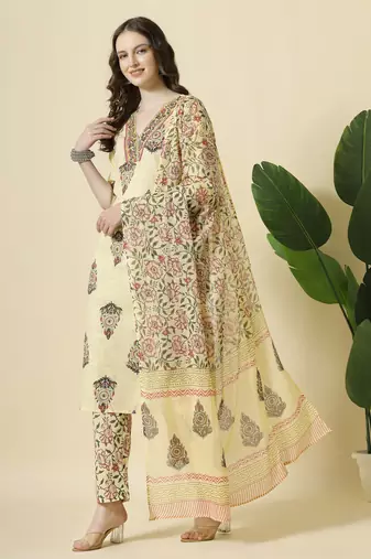  cream cotton cutdana work kurta set with pant & dupatta
