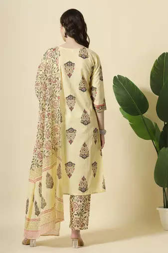  cream cotton cutdana work kurta set with pant & dupatta