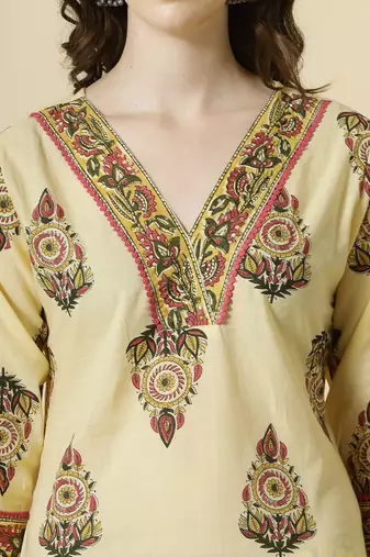  cream cotton cutdana work kurta set with pant & dupatta