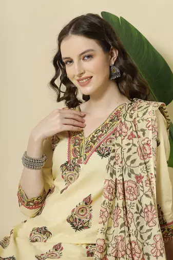  cream cotton cutdana work kurta set with pant & dupatta