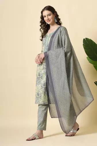 Green pure cotton paisley kurta dupatta pant set