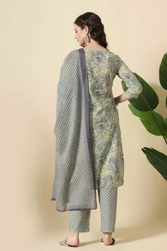 Green pure cotton paisley kurta dupatta pant set