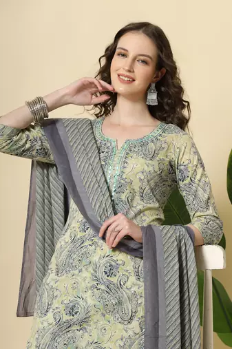 Green pure cotton paisley kurta dupatta pant set