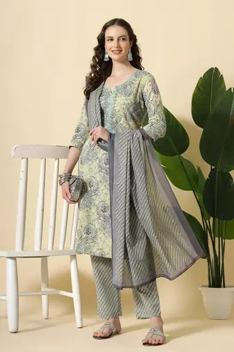 Green pure cotton paisley kurta dupatta pant set