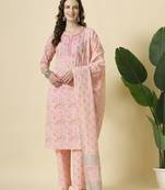  pink pure cotton floral,thread work kurta dupatta pant set