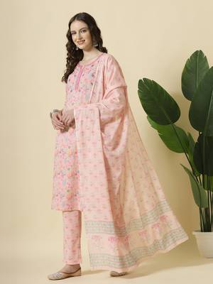  pink pure cotton floral,thread work kurta dupatta pant set 2