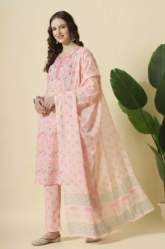  pink pure cotton floral,thread work kurta dupatta pant set